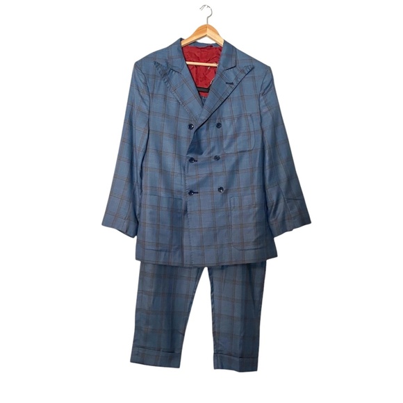 Adam Fashion Men's Windowpane Plaid Double Breasted 6Button Blue Suit 44L/38 NEW - Picture 1 of 11